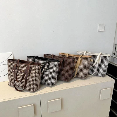 Large Capacity Plaid Pu Laptop Tote Bag Simple Casual Shoulder Bag
