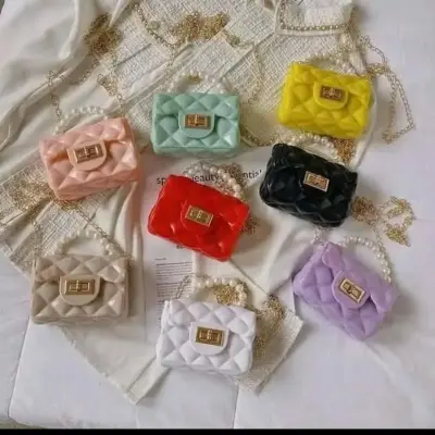 Children's Jelly Pearl Handbag Chain Bag Argyle Bag PVC Material Single Shoulder Bag