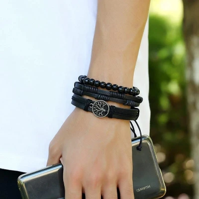 4Pcs/ Set Braided Wrap Leather Bracelets for Men