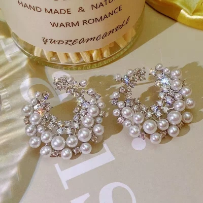 Silver Plated Pearl irregular round C Earrings For Women secondary