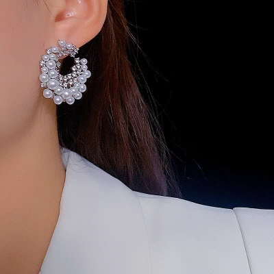 Silver Plated Pearl irregular round C Earrings For Women