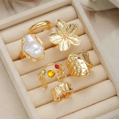 6pcs/set Irregular Design Metal Flower Open Rings Alloy Electroplated Crystal Pearl Ring secondary