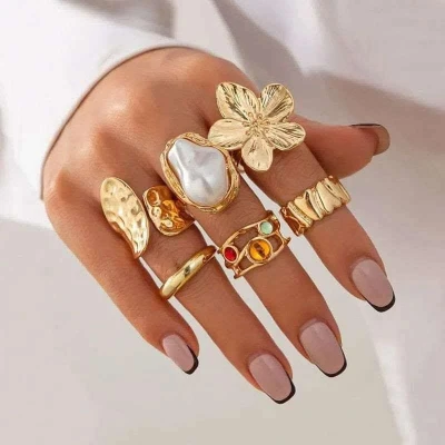 6pcs/set Irregular Design Metal Flower Open Rings Alloy Electroplated Crystal Pearl Ring