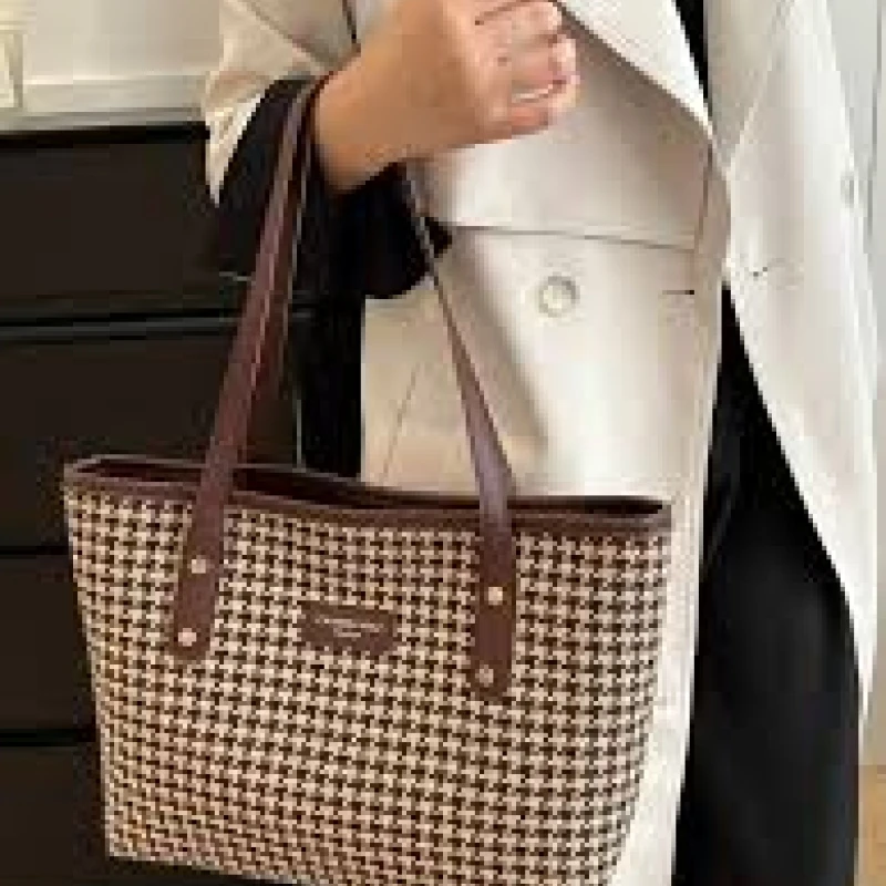 Large Capacity Plaid Pu Laptop Tote Bag Simple Casual Shoulder Bag