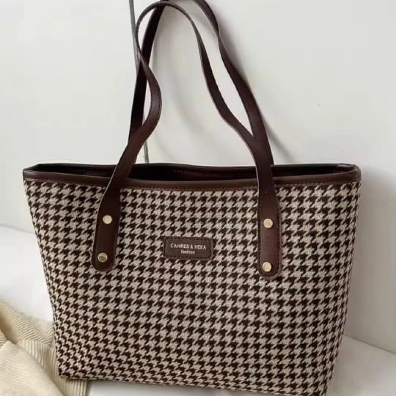 Large Capacity Plaid Pu Laptop Tote Bag Simple Casual Shoulder Bag