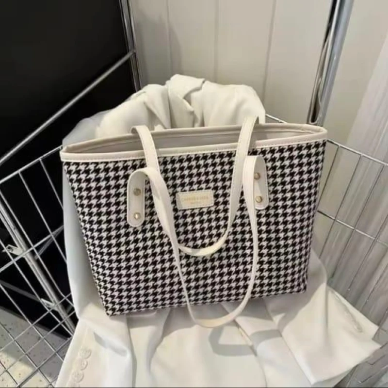 Large Capacity Plaid Pu Laptop Tote Bag Simple Casual Shoulder Bag