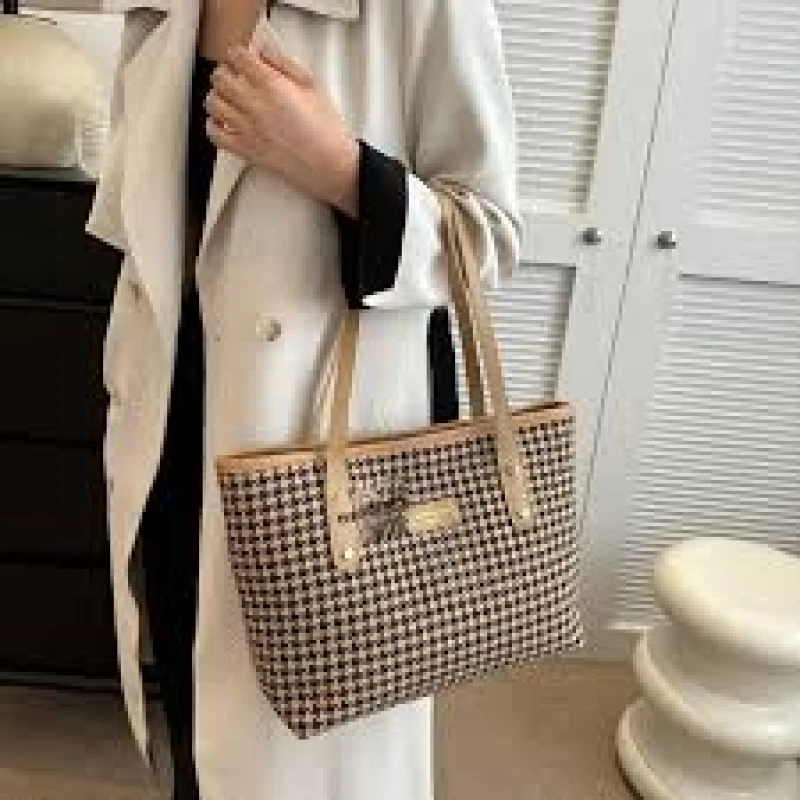Large Capacity Plaid Pu Laptop Tote Bag Simple Casual Shoulder Bag