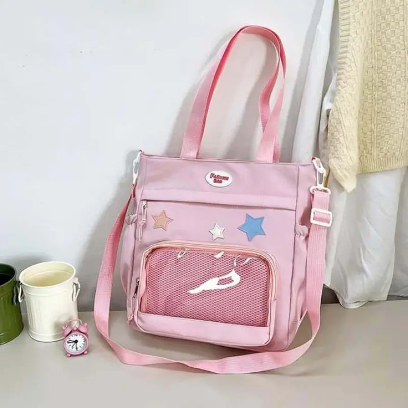 Simple Transparent Star Itabag Solid Color Canvas Crossbody Bag Badge Display Large Capacity Student School Bag Girl