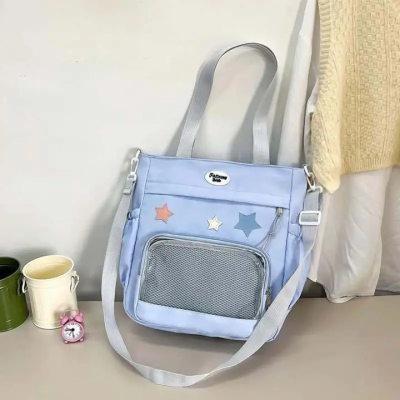 Simple Transparent Star Itabag Solid Color Canvas Crossbody Bag Badge Display Large Capacity Student School Bag Girl