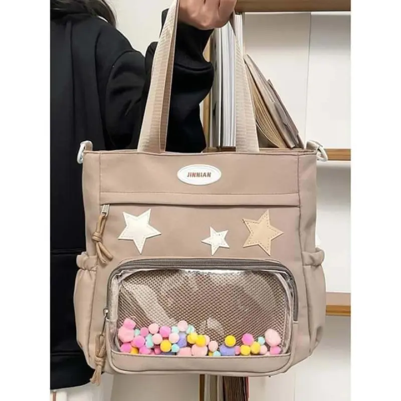Simple Transparent Star Itabag Solid Color Canvas Crossbody Bag Badge Display Large Capacity Student School Bag Girl